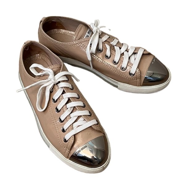 Miu Miu Tan Patent Leather Metal Cap Toe Sneakers Size 36 (US Size 6) - Picture 4 of 15